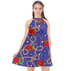 Blue Golden Chain Rose Pattern Halter Neckline Chiffon Dress  by designsbymallika