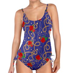 Blue Golden Chain Rose Pattern Tankini Set by designsbymallika