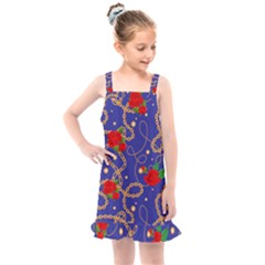 Blue Golden Chain Rose Pattern Kids  Overall Dress by designsbymallika