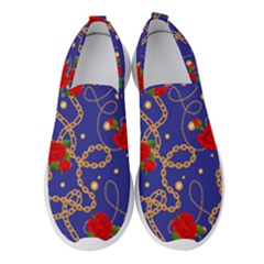 Blue Golden Chain Rose Pattern Women s Slip On Sneakers by designsbymallika