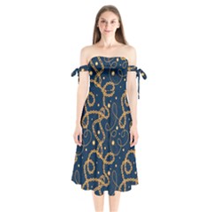 Golden Chain Pattern Shoulder Tie Bardot Midi Dress