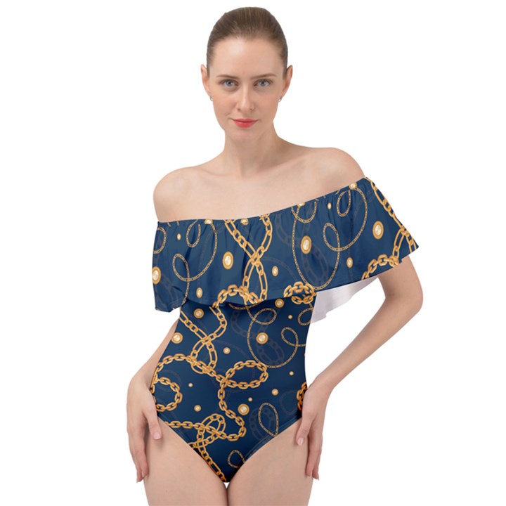 GOLDEN CHAIN PATTERN Off Shoulder Velour Bodysuit 