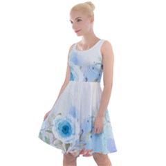 Blue Floral Print Knee Length Skater Dress