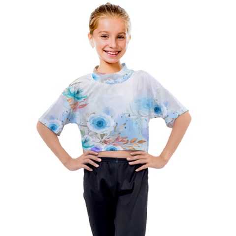 Blue Floral Print Kids Mock Neck Tee by designsbymallika