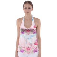 Pink Floral Print Babydoll Tankini Top by designsbymallika