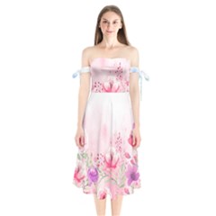 Pink Floral Print Shoulder Tie Bardot Midi Dress