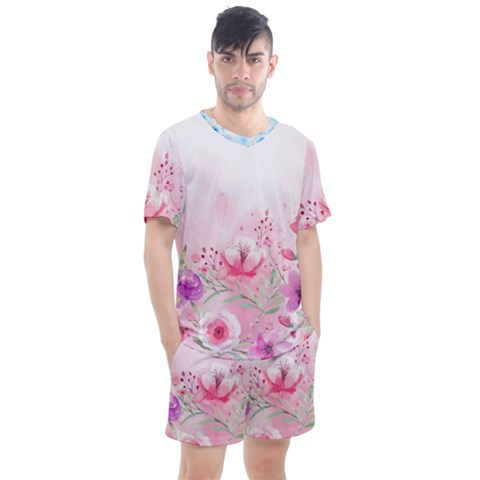 Pink Floral Print Men s Mesh Tee And Shorts Set by designsbymallika