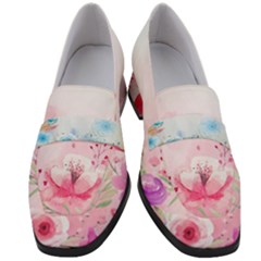 Pink Floral Print Women s Chunky Heel Loafers by designsbymallika