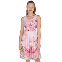 Pink Floral Print Knee Length Skater Dress With Pockets