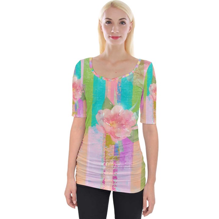 stripes floral print Wide Neckline Tee