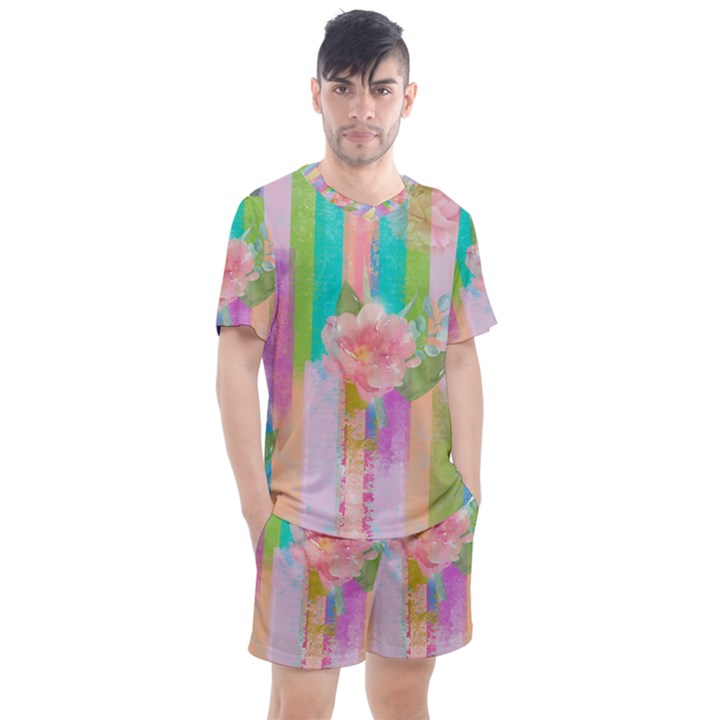 stripes floral print Men s Mesh Tee and Shorts Set