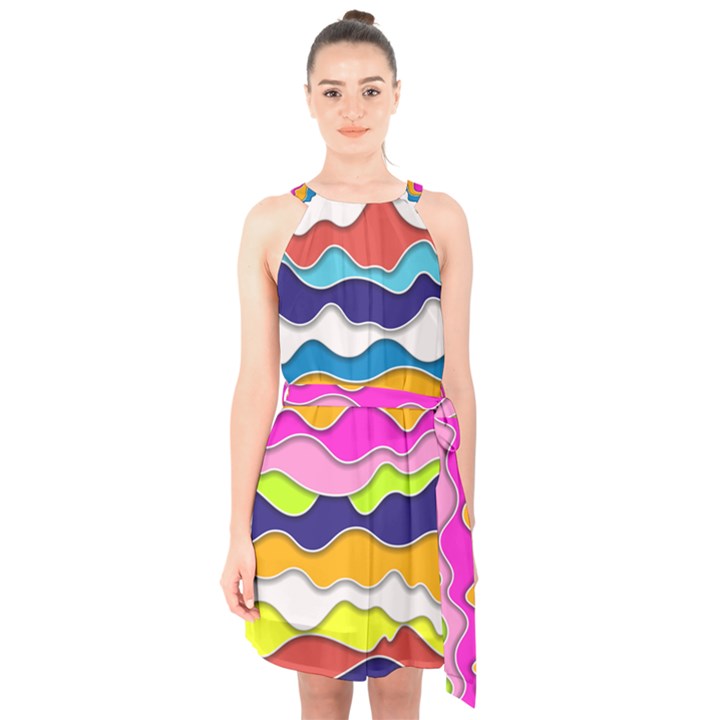 bubble liquid print Halter Collar Waist Tie Chiffon Dress