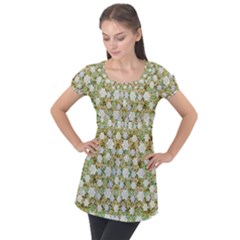 Snowflakes Slightly Snowing Down On The Flowers On Earth Puff Sleeve Tunic Top by pepitasart