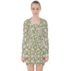 Snowflakes Slightly Snowing Down On The Flowers On Earth V-neck Bodycon Long Sleeve Dress by pepitasart