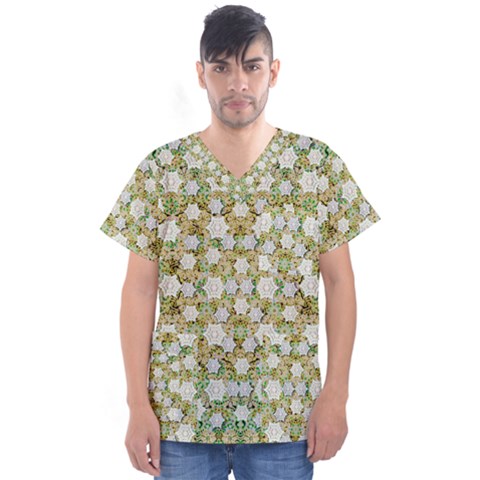 Snowflakes Slightly Snowing Down On The Flowers On Earth Men s V-neck Scrub Top by pepitasart