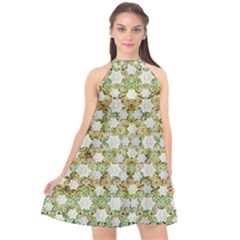 Snowflakes Slightly Snowing Down On The Flowers On Earth Halter Neckline Chiffon Dress  by pepitasart