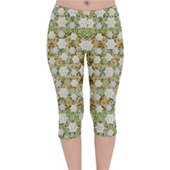 Snowflakes Slightly Snowing Down On The Flowers On Earth Velvet Capri Leggings  by pepitasart