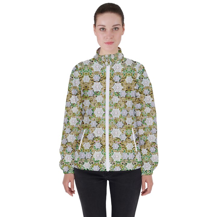 Snowflakes Slightly Snowing Down On The Flowers On Earth Women s High Neck Windbreaker