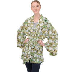 Snowflakes Slightly Snowing Down On The Flowers On Earth Long Sleeve Velvet Kimono  by pepitasart