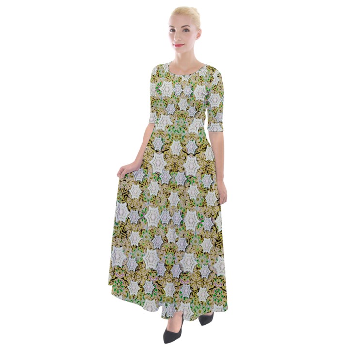 Snowflakes Slightly Snowing Down On The Flowers On Earth Half Sleeves Maxi Dress