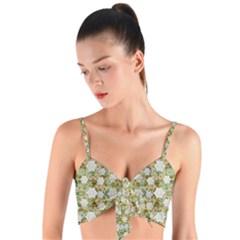 Snowflakes Slightly Snowing Down On The Flowers On Earth Woven Tie Front Bralet by pepitasart