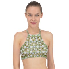 Snowflakes Slightly Snowing Down On The Flowers On Earth Racer Front Bikini Top by pepitasart