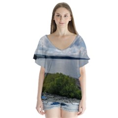 Lake Wallenpaupack V-neck Flutter Sleeve Top by canvasngiftshop