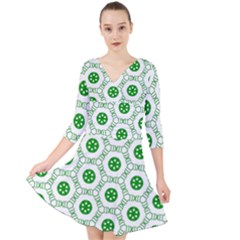 White Green Shapes Quarter Sleeve Front Wrap Dress