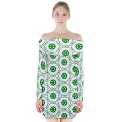 White Green Shapes Long Sleeve Off Shoulder Dress by Mariart