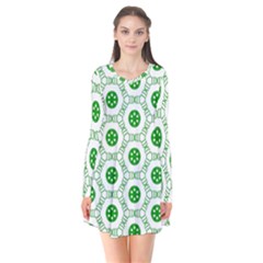 White Green Shapes Long Sleeve V-neck Flare Dress by Mariart