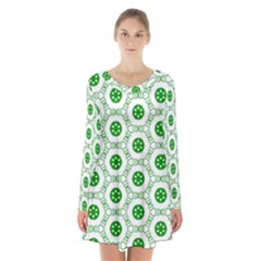 White Green Shapes Long Sleeve Velvet V-neck Dress by Mariart