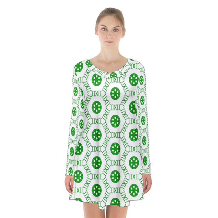 White Green Shapes Long Sleeve Velvet V-neck Dress