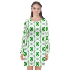 White Green Shapes Long Sleeve Chiffon Shift Dress  by Mariart