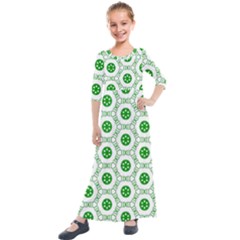 White Green Shapes Kids  Quarter Sleeve Maxi Dress