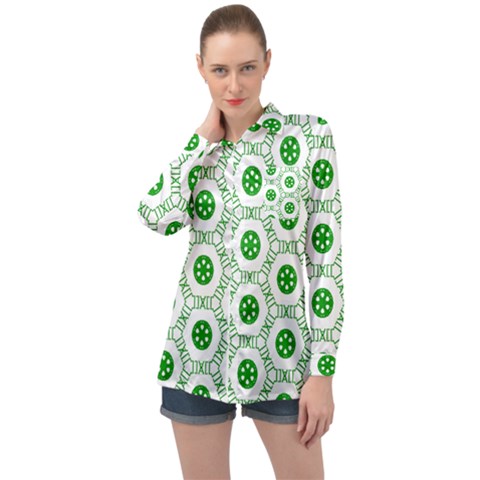 White Green Shapes Long Sleeve Satin Shirt by Mariart