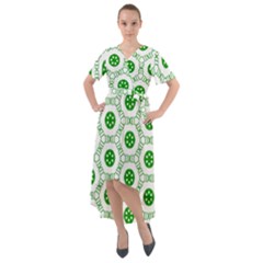 White Green Shapes Front Wrap High Low Dress