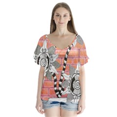 Brick Wall Flower Pot V-neck Flutter Sleeve Top by okhismakingart