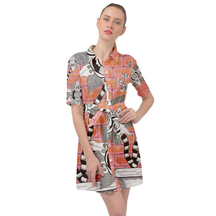 Brick Wall Flower Pot Belted Shirt Dress