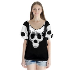 Halloween Horror Skeleton Skull V-neck Flutter Sleeve Top by HermanTelo