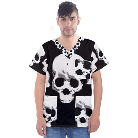 Halloween Horror Skeleton Skull Men s V-neck Scrub Top by HermanTelo