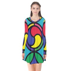 Colors Patterns Scales Geometry Long Sleeve V-neck Flare Dress by HermanTelo