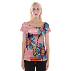 Brick Wall Flower Pot In Color Cap Sleeve Top by okhismakingart