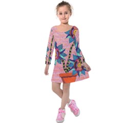 Brick Wall Flower Pot In Color Kids  Long Sleeve Velvet Dress by okhismakingart