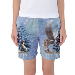 Merry Christmas, Funny Pegasus With Penguin Women s Basketball Shorts by FantasyWorld7