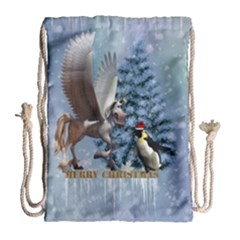 Merry Christmas, Funny Pegasus With Penguin Drawstring Bag (large) by FantasyWorld7