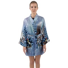 Merry Christmas, Funny Pegasus With Penguin Long Sleeve Satin Kimono by FantasyWorld7