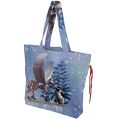 Merry Christmas, Funny Pegasus With Penguin Drawstring Tote Bag by FantasyWorld7