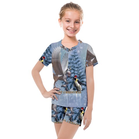 Merry Christmas, Funny Pegasus With Penguin Kids  Mesh Tee And Shorts Set by FantasyWorld7