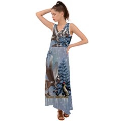 Merry Christmas, Funny Pegasus With Penguin V-neck Chiffon Maxi Dress by FantasyWorld7