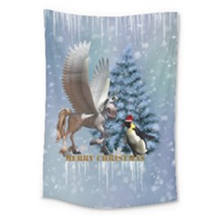 Merry Christmas, Funny Pegasus With Penguin Large Tapestry by FantasyWorld7